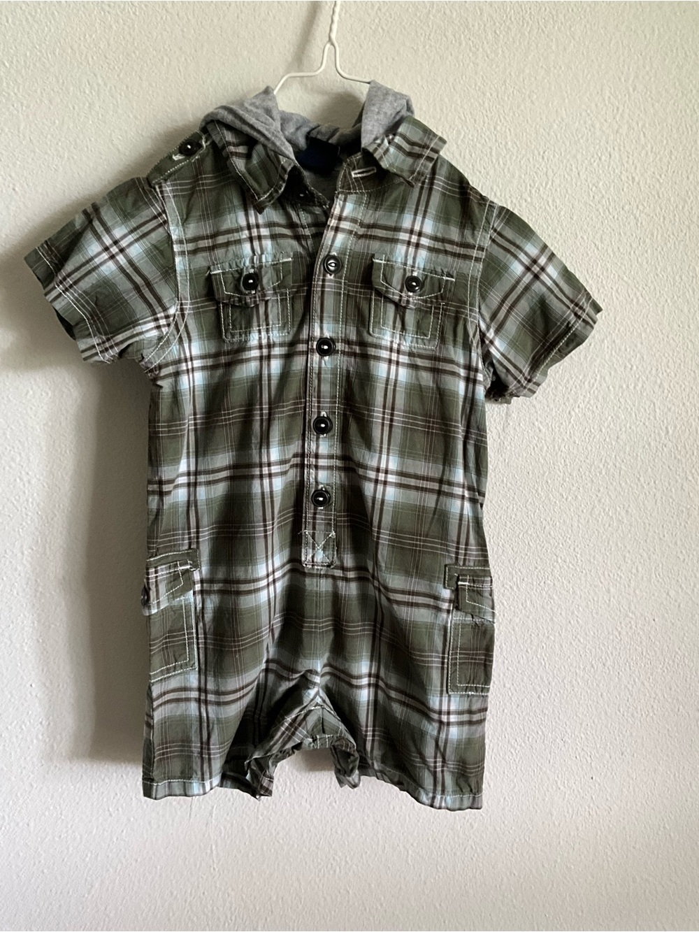 Vintage baby GAP Green Plaid Short-Sleeve Hooded Romper 6-12